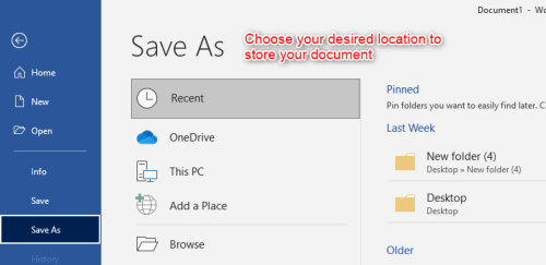 Choosing a location to save a document.