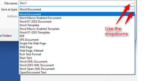 How to select the correct file format when saving a document.