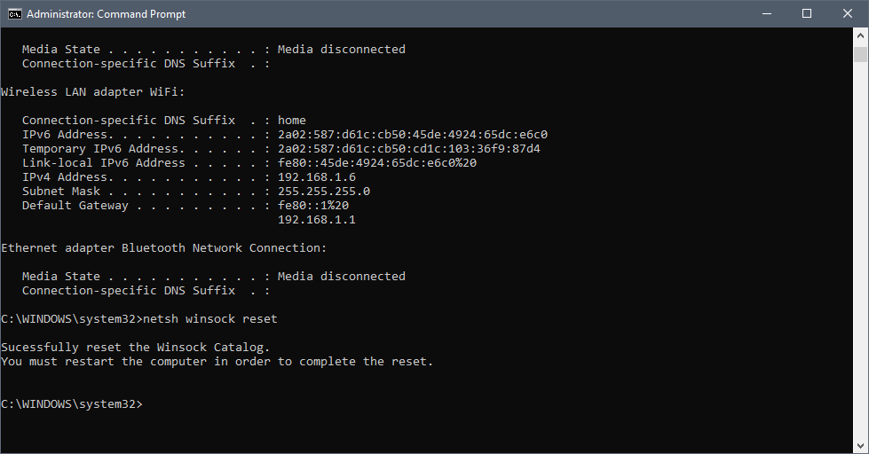 netsh winsock reset