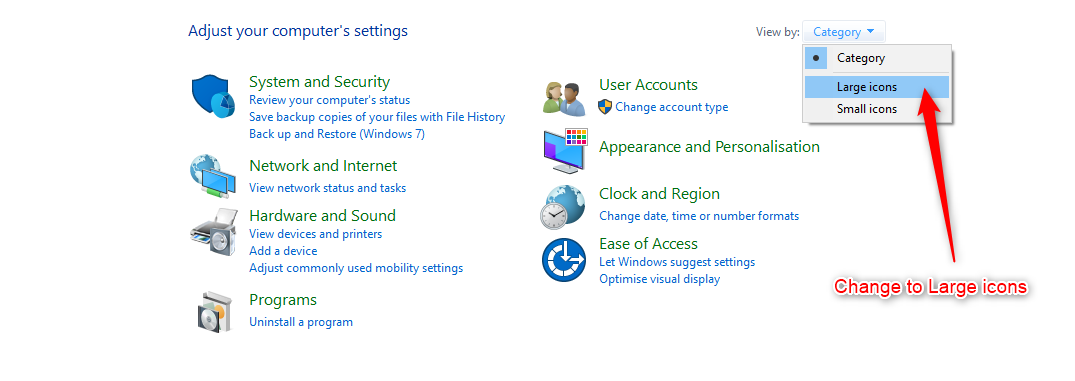 Windows control panel with Large icons