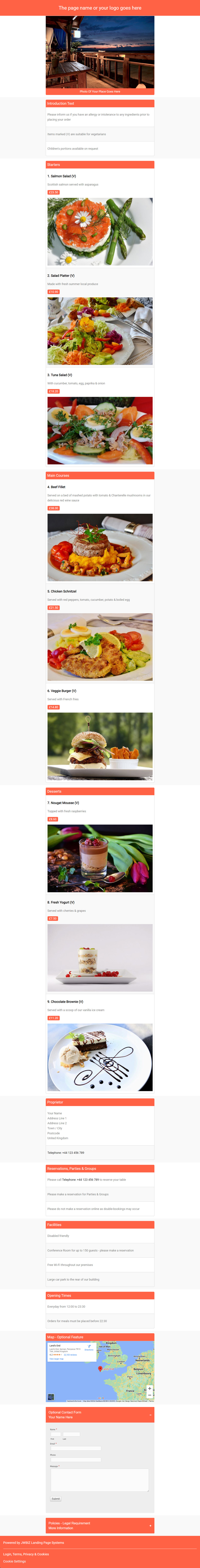 JWBIZ.COM Food & Drink Menus Landing Page example large screen view.